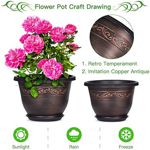 Plastic-Plant-Flower-Planters-10 Inch With Drainage Hole & Saucer, 3 Packs Lightweight Small Resin Flower Pot Indoor Outdoor, Retro Antique Imitation Decorative Garden Containers Sets For Houseplants - Image 3