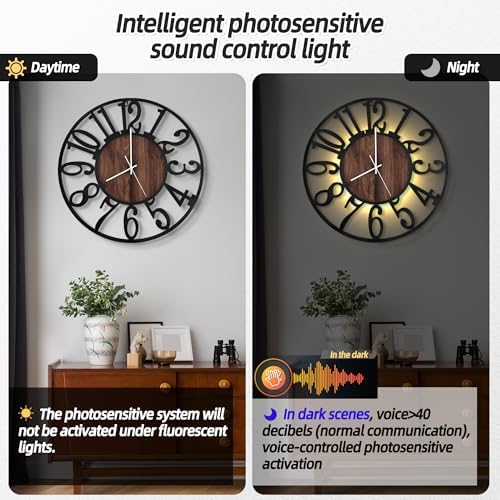 LEIKE Large Wall Clocks with Night Light Battery Operated,Silent Non Ticking,Rustic Modern Big Wood Clock for Living Room, Bedroom,Kitchen,Farmhouse,Office,Home Decor-20 Inch(Black-Arabic Number) - Image 2