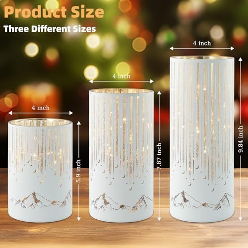 Starry Night Hurricane Candleholders with Warm LED Lights & Remote Timer, Elegant Twinkling Decorative Centerpieces for Wedding, Dining Table, Living Room, Mantel Décor, Set of 3 (White) - Image 4