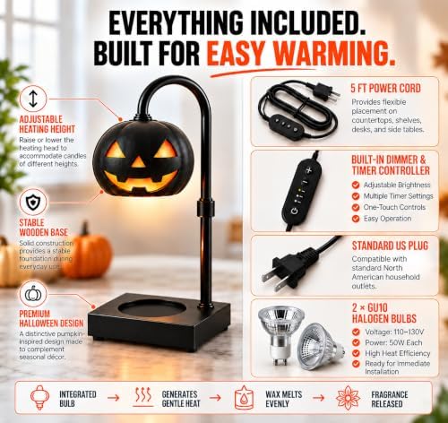 Pumpkin Candle Warmer Lamp with Timer, Dimmable Black Halloween Fall Decor - Image 3