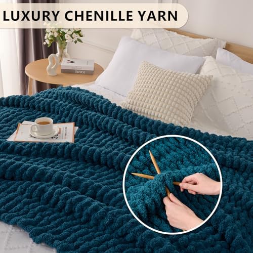 L'AGRATY Chunky Knit Throw Blanket for Couch, 80'' x 90'' Knit Throw, Blue - Image 3