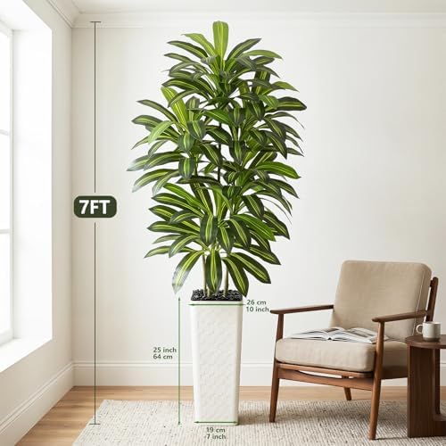 Artificial Dracaena Tree Indoor, 7FT Tall Fake Floor Plants with White Planter & Pebbles, Faux Silk Yucca Tree for Home Office Living Room Bedroom Farmhouse Modern Outdoor Topiary Tree - Image 4