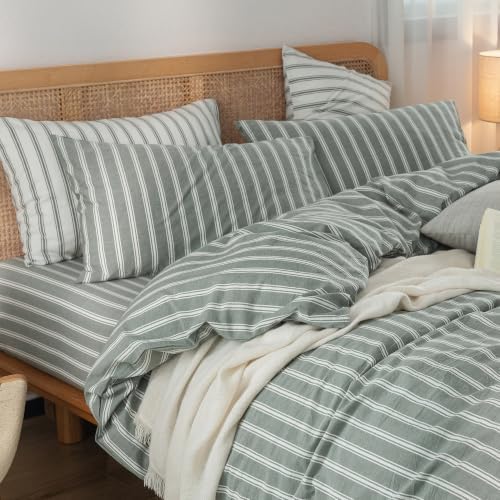 BESTOUCH Striped Cotton Duvet Cover Set Linen Feel King - Image 2