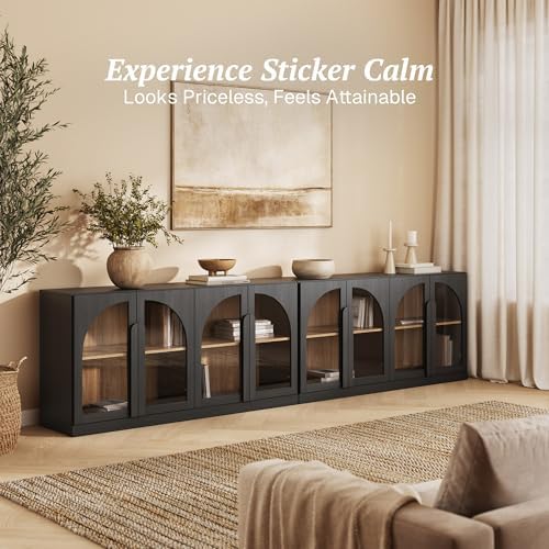 BELLEZE Set of 2 Bijou 64" Modern Buffet Sideboard, Mid-Century Arched Glass Door Cabinet, Wood Grain Storage Console for Living Room, Kitchen, Entryway - Ebony - Image 4