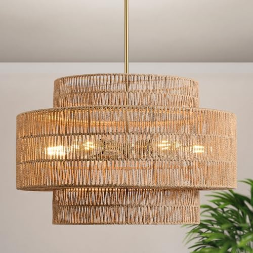 24" Rattan Chandelier for Dining Room, Large Boho Pendant Light by InterMaka
