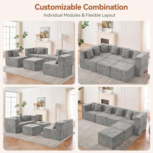 MONVANE Modular Sectional Cloud Couch for Living Room - 130'' 6 Seater Convertible Chenille Couches Set with Ottoman, No Assembly Compression Sofas, Comfy Floor Sofa with Memory Foam, Light Grey - Image 4