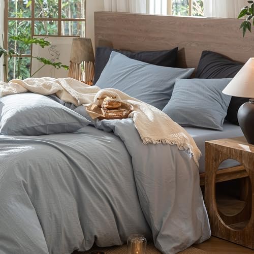 MooMee Wavy Striped Duvet Cover Set 100% Washed Cotton Linen Like Textured Breathable Durable Soft Comfy (Cornflower Blue, Cal King 104"x98") - Image 3