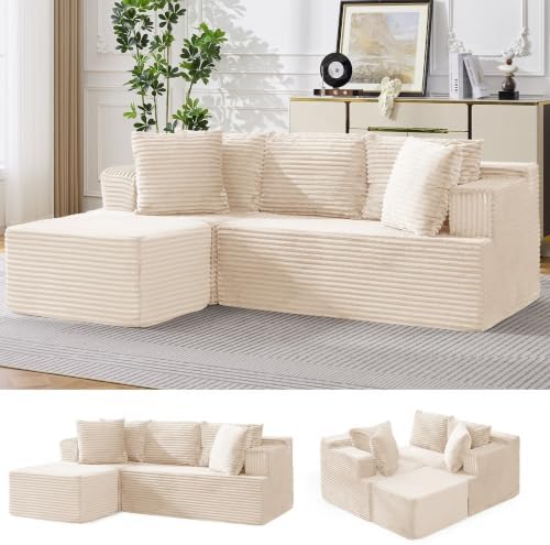 Korser Boneless Couches for Living Room, Cloud Couch Sectional with Ottoman, L-Shaped Sofa with Fluffy Comfy Corduroy Deep Seat, Bedroom, Apartment, No Assembly Required by KORSER