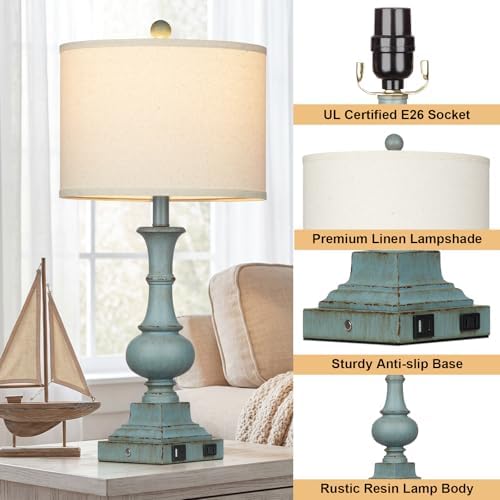 Lolikit 26" Tall Coastal Farmhouse Lamp for Living Room, Vintage Table Lamp with USB A/C Charging Ports & AC Outlets for Nightstand,3-Way Dimmable Touch Control Bedside Lamp for Bedroom End Table Blue - Image 4