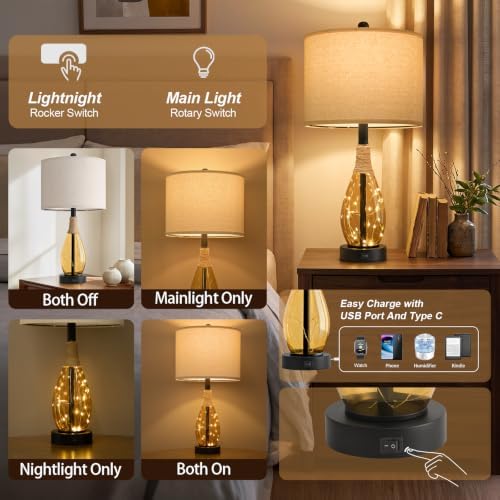 OYEARS 23" Table Lamps for Living Room Set of 2 Bedside Lamps for Night Stands Bedroom Lamps Farmhouse Rattan Boho Lamp Glass Nightlight End Table Lamp,Two Light Points - Image 4