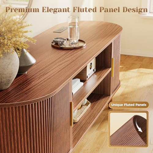 PRAISUN 54 Inch Fluted TV Stand for TVs up to 55 Inch, TV Media Console with Power Outlets and USB-C Port, Entertainment Center with Storage, Curved Sliding Doors, Adjustable Shelf, Brown - Image 7