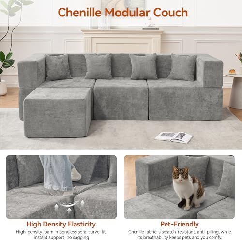 MONVANE 103'' Modular Sectional Sofa, Cloud Sectional Couch with Ottoman, Convertible Chenille L Shaped Couch with Deep Seat, Sectional Couches for Living Room, No Assembly Required, Light Grey - Image 6