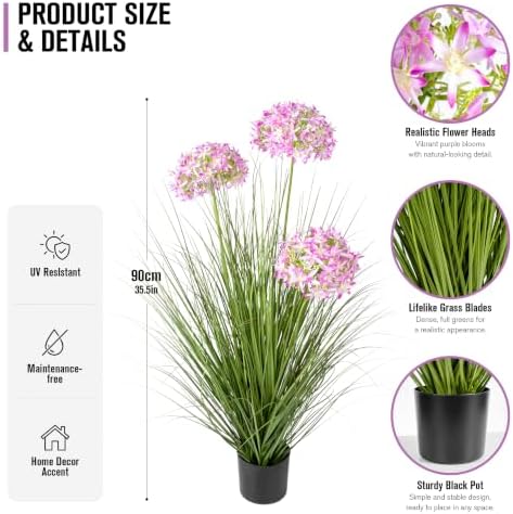 Ttranewsoo Pink Artificial Grass Plant, 35.4 Inch Tall Faux Potted Greenery with Fabric Flowers, UV Resistant Floor Plant for Indoor and Sheltered Outdoor Decor, 1 Pack - Image 3