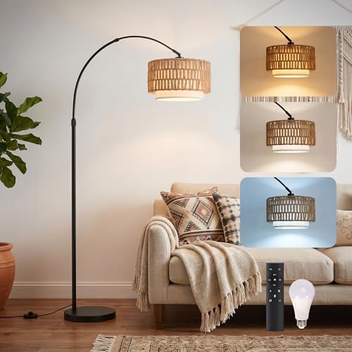 Arc Floor Lamp for Living Room with Remote, 61.5"-72.4" Height Adjust Dimmable LED Floor Lamp with 3 Color Temps, Farmhouse Arched Standing Lamp,Boho Floor Lamp, Arched Floor Lamps for Bedroom, Office by NUBEAURA