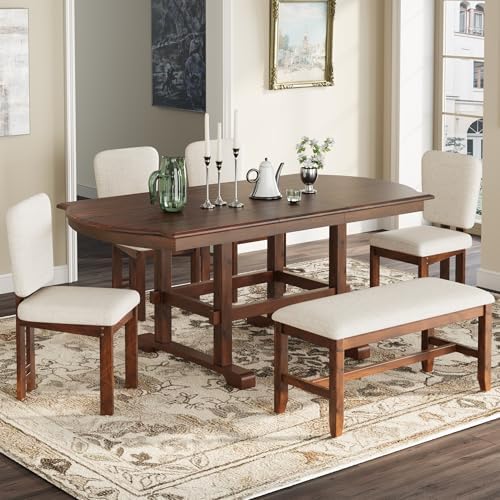 VilroCaz 6 Pieces Retro Functional Dining Set, Solid Wood Extendable Dining Table with 4 Upholstered Chairs and Bench, Traditional Dining Room Kitchen Table Set for 6 by VilroCaz
