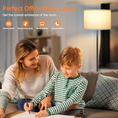 Ambimall 60'' Modern Floor Lamp with Remote, Tall Lamps for Living Room, Bedroom, Office, Dining Room, Beige Shade with Black Pole(Included Bulb) - Image 3