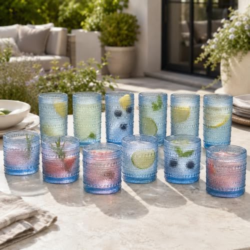 Hobnail Beaded Highball Drinking Tumbler Glasses | Set of 12 | Color, Vintage Bubble Design Whiskey Glassware, Old-Fashioned, Embossed Design for Water, Wine, Cocktail Embossed Heavy Glas, Rocks Glass - Image 3
