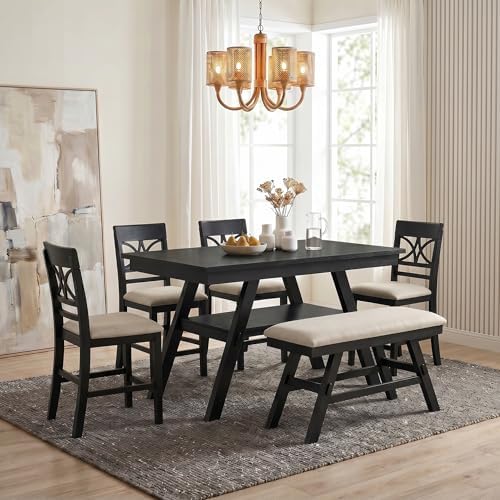Heavy Solid Wood 6-Piece Counter Height Dining Table Set, Farmhouse Rustic Kitchen Dining Room Table Set with Padded 4 Chairs and Bench, 60 In Triangular Table with Storage Shelf (Espresso-T) by Unknown