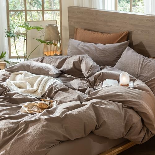 MooMee Wavy Striped Duvet Cover Set 100% Washed Cotton Linen Like Textured Breathable Durable Soft Comfy (Brown, Twin 68"x90") - Image 5