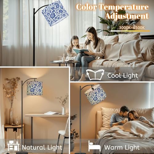 Arc Floor Lamp Floral Swirling Blue White Design Dimmable Modern Standing Lamp with Remote Adjustable Drum Shade Footswitch Tall Pole Lamp for Living Room Bedroom - Image 5