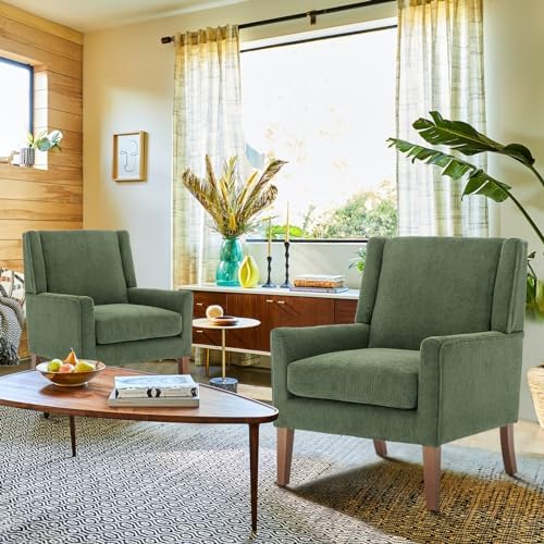 COLAMY Modern Wingback Living Room Chair, Upholstered Fabric Accent Armchair, Single Sofa Chair with Lounge Seat and Wood Legs for Bedroom/Office/Reading Spaces, Green - Image 6