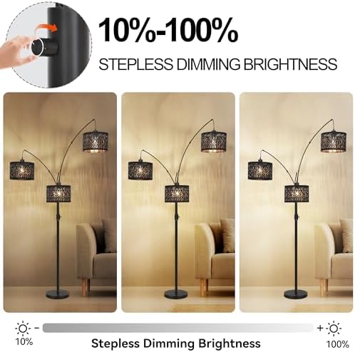 Dimmable Floor Lamp-3 Lights Arc Floor Lamps for Living Room,Modern Tall Standing Lamp With Black Drum Hollow-carved Design Shades,Gothic Mid Century Tree Floor Lamp for Bedroom Corner,Bulbs Included - Image 3