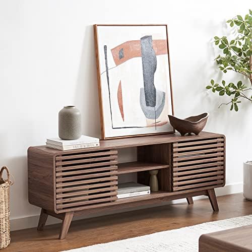 mopio Ensley 59" Tall TV Stand with Slatted Door, Mid Century Modern Entertainment Center for 55-65 inch TV, Farmhouse Media Console with Storage, Adjustable Shelves, Round Edges, Living Room (Walnut) by MopioInc