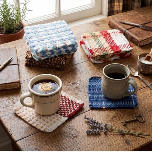 Set of 10 Fabric Drink Coasters, Handcrafted Cotton Woven Coasters for Table, Coastal Farmhouse Table Decor for Coffee Tea Cocktails, Absorbent Soft Desk Coasters for Kitchen Office, Housewarming Gift - Image 7