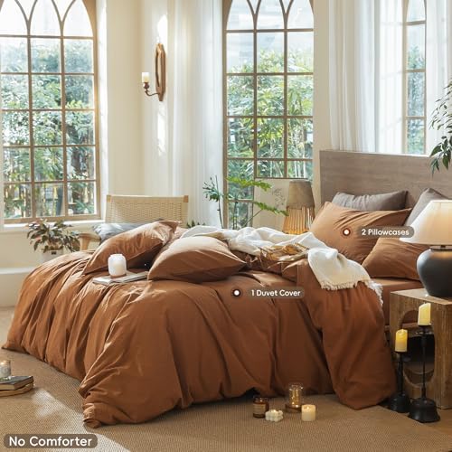 MooMee Wavy Striped Duvet Cover Set 100% Washed Cotton Linen Like Textured Breathable Durable Soft Comfy (Dark Orange, Palatial King/Oversized King 120"x98") - Image 2