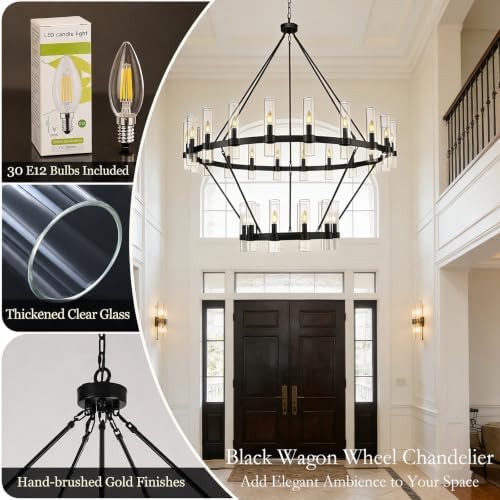 Black Wagon Wheel Chandelier 2 Tier, 60 Inch Chandeliers with Glass Shade, 30-Light Large Chandelier for High Ceiling, Modern Farmhouse Chandeliers for Living Room, Dining Room, Entryway and Staircase - Image 3