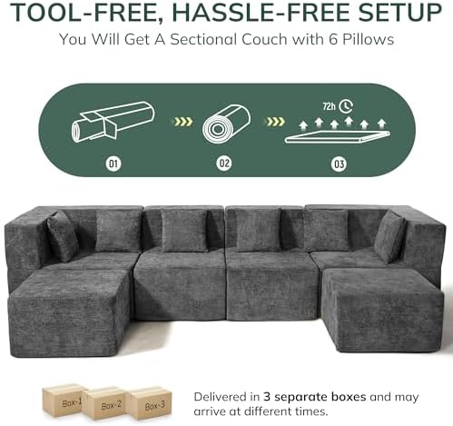 MONVANE Modular Sectional Cloud Couch for Living Room - 130'' 6 Seater Convertible Chenille Couches Set with Ottoman, No Assembly Compression Sofas, Comfy Floor Sofa with Memory Foam, Grey - Image 5