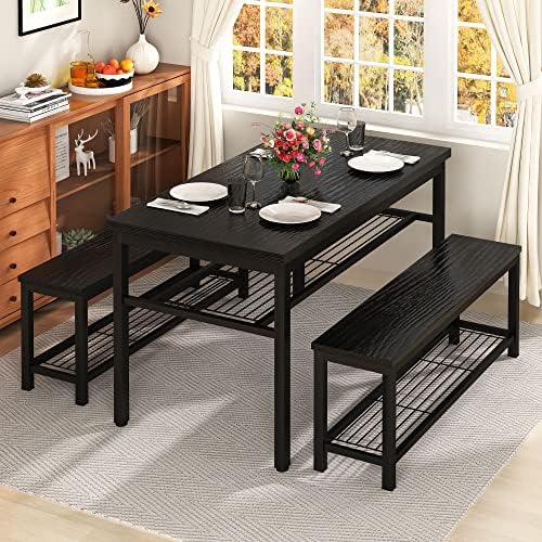 AWQM 43.3" Dining Table Set for 4, Kitchen Dining Table with 2 Benches, Dining Room Table Set with Metal Frame & Storage Rack for Kitchen, Restaurant, Black - Image 3