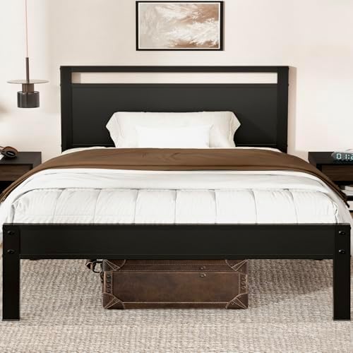 Z-hom Twin Metal Bed Frame with Wooden Headboard and Footboard, Heavy Duty Platform Frame with Metal Slats, No Box Spring Needed, Quiet and Non-Slip Design, Bed Storage for Small Bedroom,Black by Z-HOM