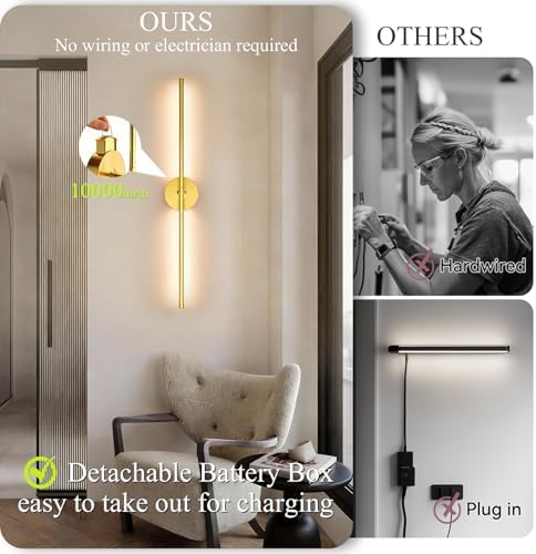 Battery Operated Wall Sconce Set of Two: Gold Wireless Rechargeable Wall Light with 10000mAh Detachable Battery and Remote, 360° Rotatable Scone Wall Decor for Bedroom Hallway Bathroom, 31.5inch - Image 4
