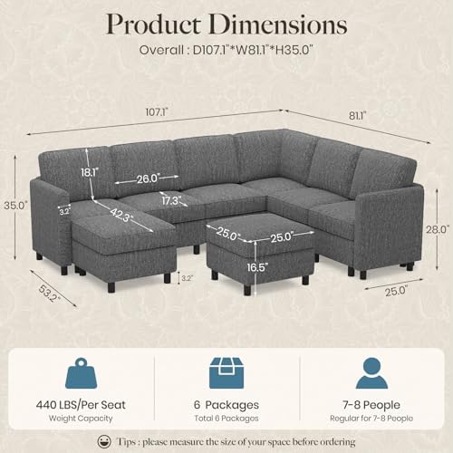 Belffin 107.1" 8 Seats U Shaped Couch Modular Sectional Sofa Seat Couch with Storage Comfy Washable Sectional Couches for Living Room Sofas Set with Chaise,Grey - Image 2