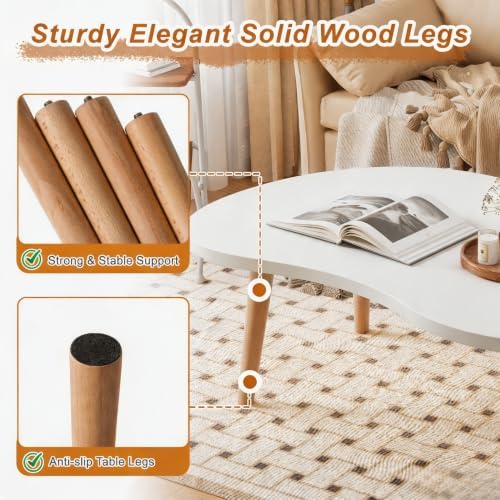 Coffee Table Low Table with Solid Wood Legs, 31.5x19.7 Large Coffee Table Side Table, Floor Table Desk for Sitting on The Floor, Living Room Furniture for Office Apartment Home, Mango White - Image 3