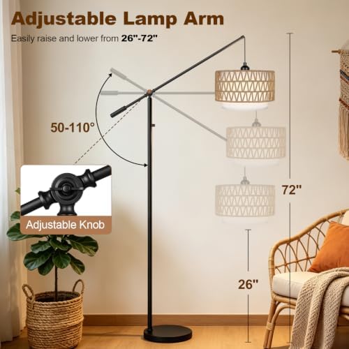 【Upgraded】Boho Dimmable Floor Lamps with Adjustable Swing Arm, 1100 Lumens Bulb Included, Modern Standing Lamp with Rattan & Fabric Shades, Rattan Tall Arc Floor Lamp for Living Room Bedroom, Black - Image 4