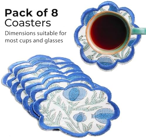 Ridhi 8-Pcs 100% Cotton Hand Block Print Drink Coasters 5" in Queen Blue - Image 2