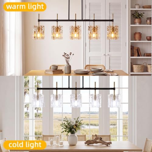 5-Light Rectangular Chandelier, 35in Black and Gold with Water Ripple Glass - Image 4
