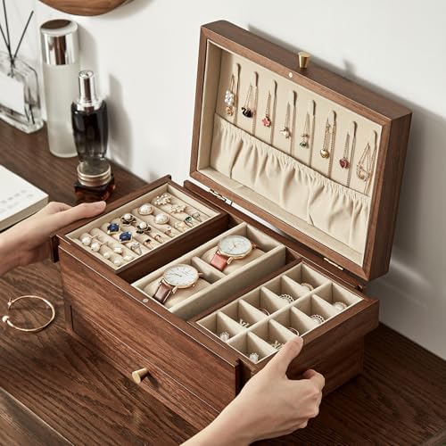 CHOSIN Black Walnut Wooden Jewelry Box for Women, 3 Level Multi-functional Drawer Organizer Box Watch Necklace Ring Earring Storage, Ideal Gift for Her - Image 3