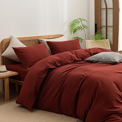 BESTOUCH Cotton Solid Duvet Cover Set Fired Brick Red California King - Image 2