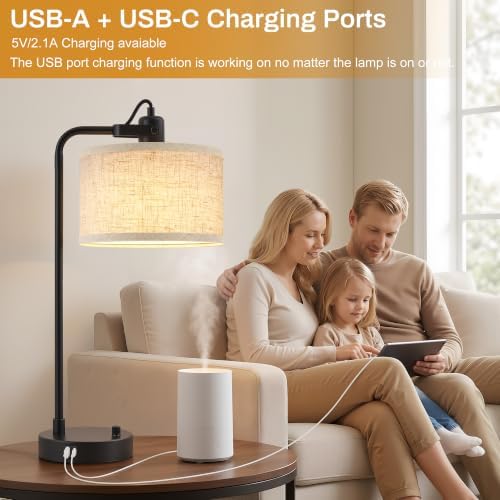 Black Table Lamp Set of 2, USB A+C, 180° Adjustable Bedside Lamps, Dimmable - Image 5