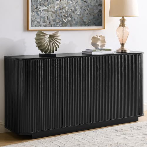 64" Fluted Buffet Cabinet with Storage, Black Sideboard Cabinet by Home