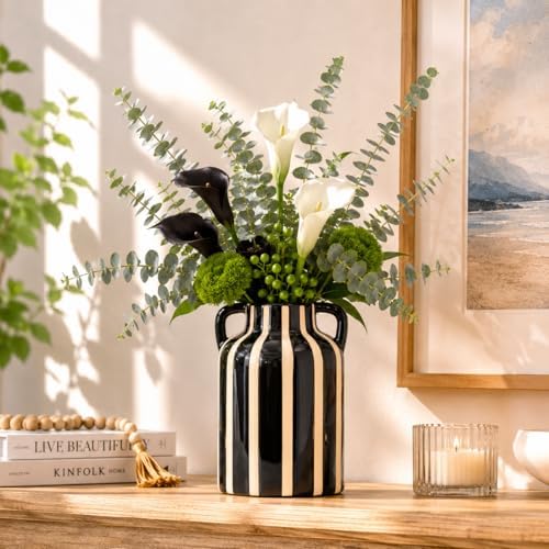 SURE YUESI Black Ceramic Vase with Handles, 9.1 Inch Striped Flower Vase for Halloween Decor, Modern Farmhouse Vase for Pampas Grass, Shelf Decor, Dining Table Centerpiece - Image 2