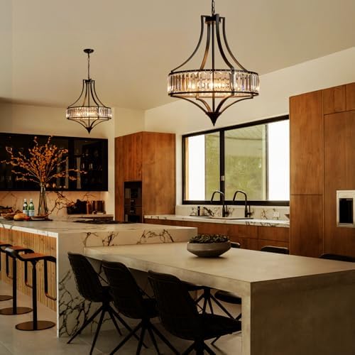 Crystal Chandeliers for Dining Room Rustic Farmhouse Chandelier with Round Metal Shade 6-Light Black Large Crystal Light Fixture for Kitchen Island Hallway Bedroom Home Office - Image 4