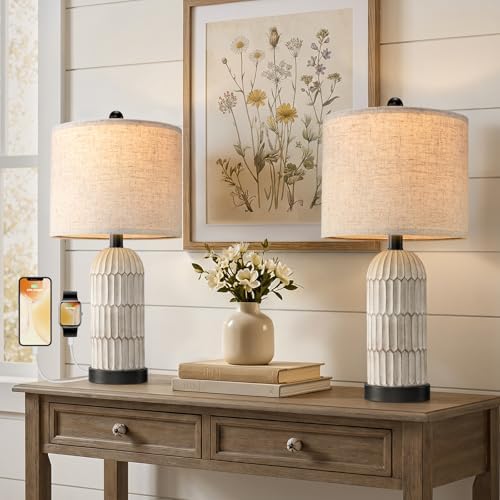 OYEARS 22.5" Bedside Table Lamps Set of 2, Farmhouse Table Lamp with USB A+C Charging Ports,Vintage Nightstand Lamp for Bedrooms and Living Rooms, Retro Resin End Table Lamp with Linen Shade, Black by OYEARS