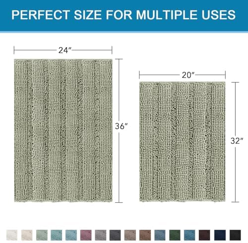 H.VERSAILTEX Bathroom Rug Sets 2 Piece Bath Mats Non Slip Thick Soft Chenille Striped Bath Rug achine Washable Shower Floor Rugs for Tub, Shower and Floor (Eucalyptus Green, 20" x 32"/24" x 36") - Image 2