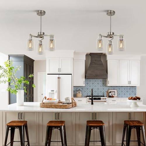 CNRATYE 3-Light Brushed Nickel Pendant Lighting for Kitchen Island, Hanging Dining Room Light Fixtures Over Table, Industrial Chandelier for Entryway Hallway Foyer Bedroom, Clear Glass Shade - Image 3