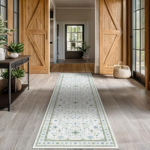 Hazo Haus Oushak 3x12 Wide Hallway Runner Rug - Vintage Turkish Floral, Washable Low Pile Non Slip 12ft Long Runners for Large Kitchen, Hall Way - Light Blue and Green by HazoHaus