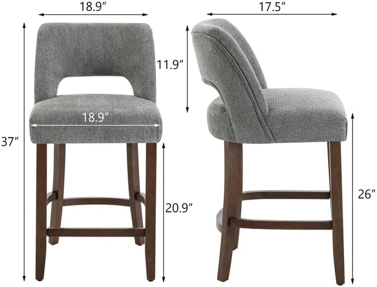 VKNOW Bar Stool Set of 6, 26" Fabric Counter Height Bar Stools, Fabric Grey - Image 2
